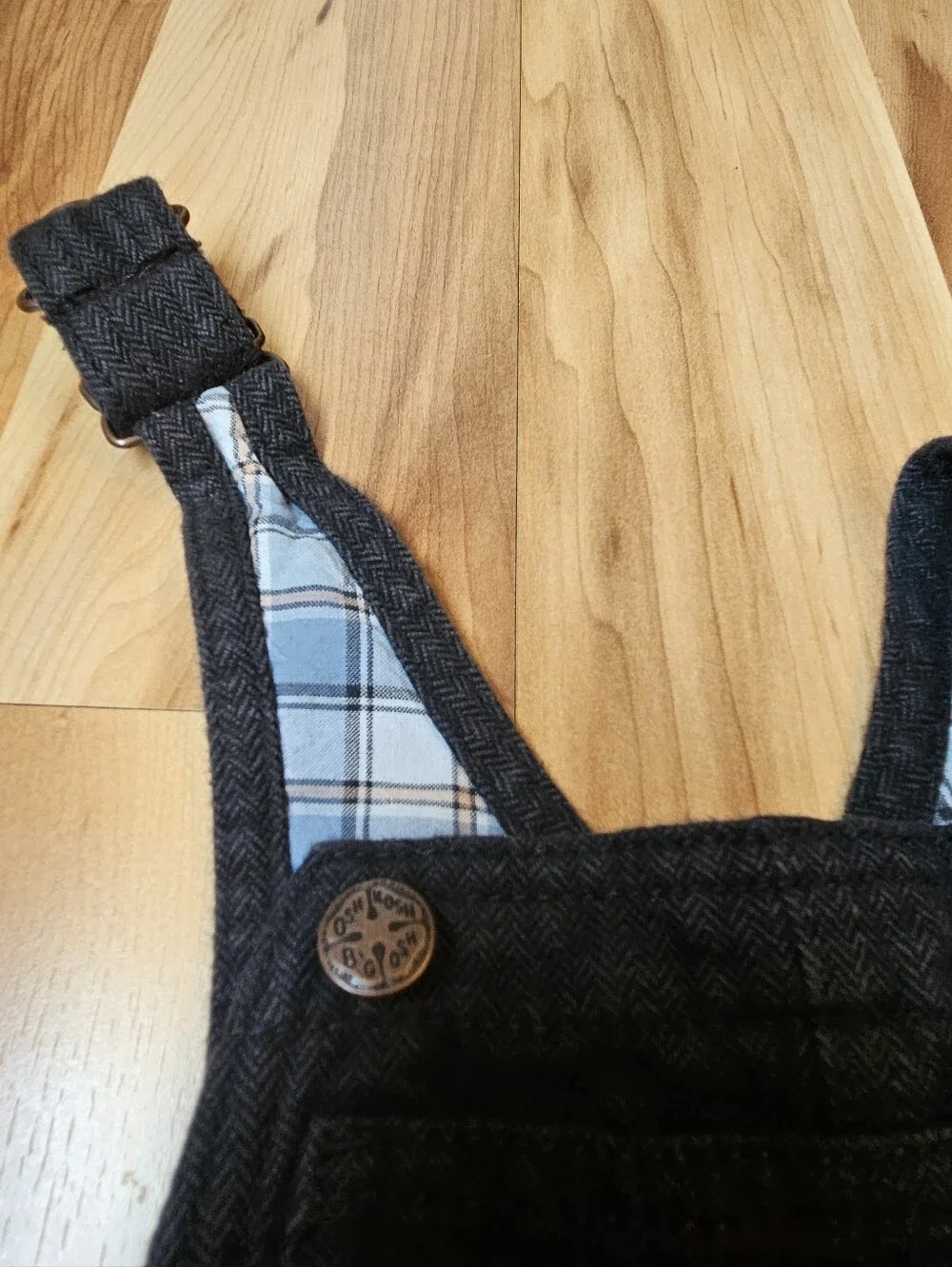 OshKosh B'gosh Black Denim Overalls with Light Blue Plaid Bodysuit Onesie 12 Mo